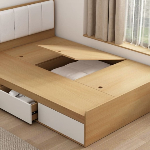 Giường Ngủ Ngăn Kéo Và Ngăn Lật Kèm Đầu Giường Bọc Nệm Hiện Đại 1m8x2m Yapi-560