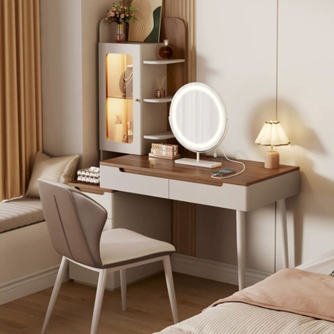 Bàn Trang Điểm Kèm Tủ Trưng Bày Cánh Kính Có Đèn LED, Ngăn Kéo 115x55x155cm Yapi -816