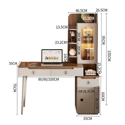 Bàn Trang Điểm Kèm Tủ Trưng Bày Cánh Kính Có Đèn LED, Ngăn Kéo 115x55x155cm Yapi -816