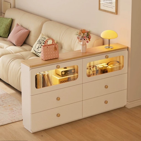 Combo Tủ Trang Trí Kèm Cánh Kính Có Ngăn Kéo Và Đèn LED Hiện Đại 120x30x83cm Yapi-188