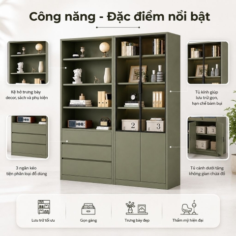 Tủ Kính Trưng Bày Kết Hợp Ngăn Kéo Hiện Đại Màu Xanh Lá 160x35x200cm Yapi-XTK001