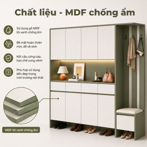 Tủ Giày Kết Hợp Ghế Ngồi Và Móc Treo Trang Trí Màu Xanh Lá Hiện Đại 200x40x200cm Yapi-XTG001