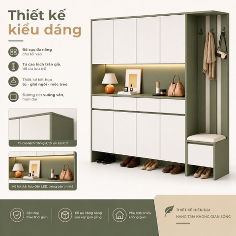 Tủ Giày Kết Hợp Ghế Ngồi Và Móc Treo Trang Trí Màu Xanh Lá Hiện Đại 200x40x200cm Yapi-XTG001