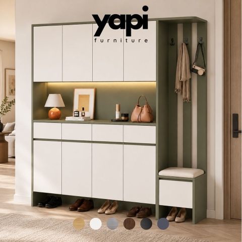 Tủ Giày Kết Hợp Ghế Ngồi Và Móc Treo Trang Trí Màu Xanh Lá Hiện Đại 200x40x200cm Yapi-XTG001
