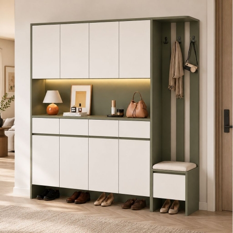Tủ Giày Kết Hợp Ghế Ngồi Và Móc Treo Trang Trí Màu Xanh Lá Hiện Đại 200x40x200cm Yapi-XTG001