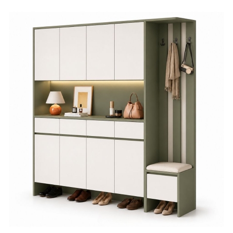 Tủ Giày Kết Hợp Ghế Ngồi Và Móc Treo Trang Trí Màu Xanh Lá Hiện Đại 200x40x200cm Yapi-XTG001