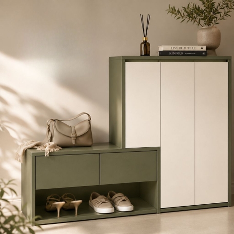 Tủ Giày Kèm Ghế Ngồi Trang Trí Hiện Đại Phối Màu Xanh Trắng 140x35x120cm Yapi-XTG002
