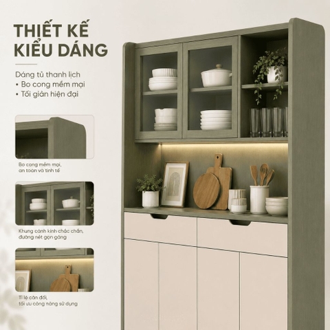 Tủ Bếp Cánh Kính Và Ngăn Kéo Hiện Đại Xanh Phối Trắng 140x40x200cm Yapi-XTB001