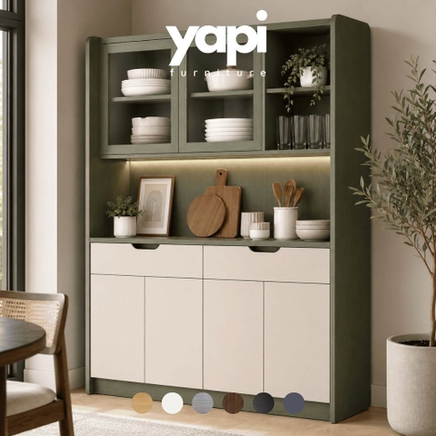 Tủ Bếp Cánh Kính Và Ngăn Kéo Hiện Đại Xanh Phối Trắng 140x40x200cm Yapi-XTB001
