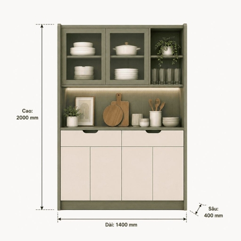 Tủ Bếp Cánh Kính Và Ngăn Kéo Hiện Đại Xanh Phối Trắng 140x40x200cm Yapi-XTB001