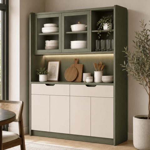 Tủ Bếp Cánh Kính Và Ngăn Kéo Hiện Đại Xanh Phối Trắng 140x40x200cm Yapi-XTB001