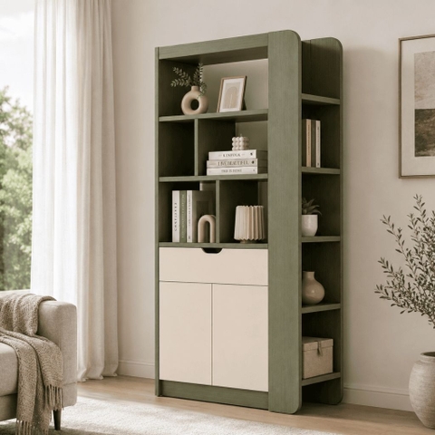 Tủ Trang Trí Kết Hợp Kệ Sách Đa Năng Cho Phòng Khách Màu Xanh Lá 90x40x200cm Yapi-XKS002