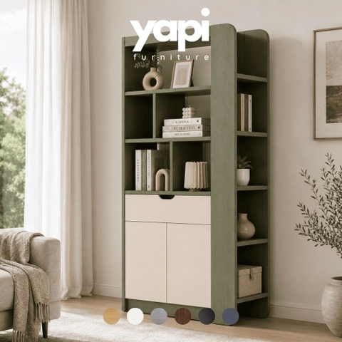 Tủ Trang Trí Kết Hợp Kệ Sách Đa Năng Cho Phòng Khách Màu Xanh Lá 90x40x200cm Yapi-XKS002
