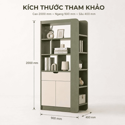 Tủ Trang Trí Kết Hợp Kệ Sách Đa Năng Cho Phòng Khách Màu Xanh Lá 90x40x200cm Yapi-XKS002