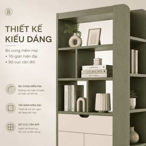 Tủ Trang Trí Kết Hợp Kệ Sách Đa Năng Cho Phòng Khách Màu Xanh Lá 90x40x200cm Yapi-XKS002