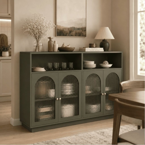 Tủ Bếp Đa Năng Cánh Kính Sóng Kết Hợp Kệ Trang Trí 160x40x120cm Yapi-XTB002