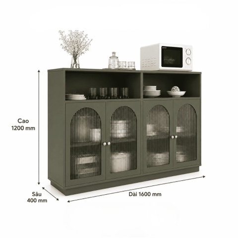 Tủ Bếp Đa Năng Cánh Kính Sóng Kết Hợp Kệ Trang Trí 160x40x120cm Yapi-XTB002