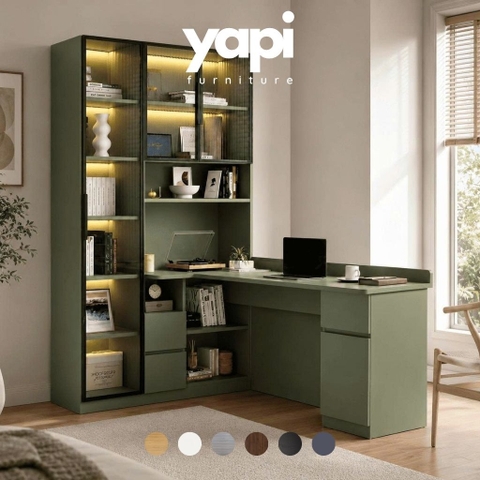 Bàn Làm Việc Kèm Kệ Sách Cánh Kính Đa Năng Có Đèn LED 180x50x200cm Yapi-XBH002