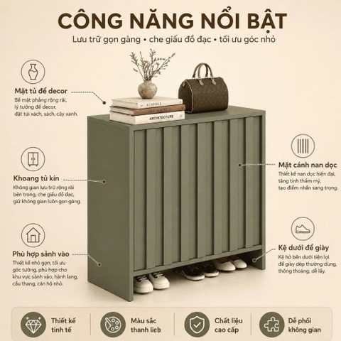 Tủ Giày Thiết Kế Cánh Nan Dọc Màu Xanh Lá Hiện Đại 90x35x100cm Yapi-XTG003