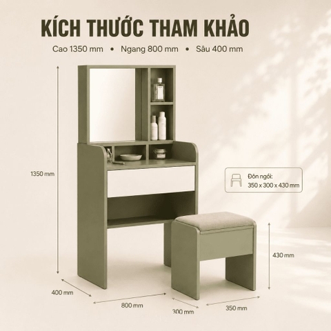 Bàn Trang Điểm Có Gương Kèm Ghế Đa Năng Màu Xanh Lá 80x40x135cm Yapi-XBP001