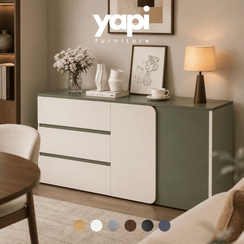 Tủ Trang Trí 3 Ngăn Kéo Cánh Bo Tròn Hiện Đại Màu Xanh Lá 160x40x90cm Yapi-XTD001