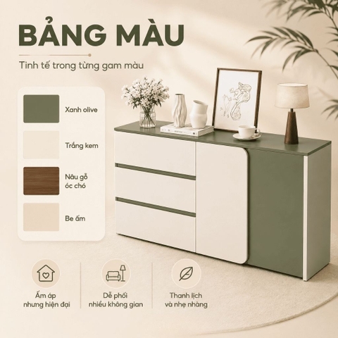 Tủ Trang Trí 3 Ngăn Kéo Cánh Bo Tròn Hiện Đại Màu Xanh Lá 160x40x90cm Yapi-XTD001