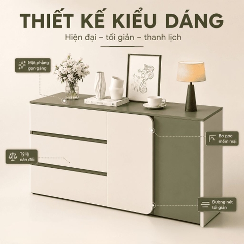 Tủ Trang Trí 3 Ngăn Kéo Cánh Bo Tròn Hiện Đại Màu Xanh Lá 160x40x90cm Yapi-XTD001