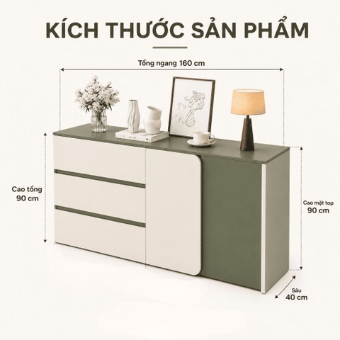Tủ Trang Trí 3 Ngăn Kéo Cánh Bo Tròn Hiện Đại Màu Xanh Lá 160x40x90cm Yapi-XTD001