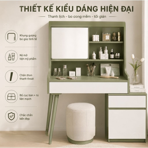 Bàn Trang Điểm Chân Gỗ Có Gương Và Ngăn Kéo Hiện Đại Màu Xanh 104x44x130cm Yapi-XBP002