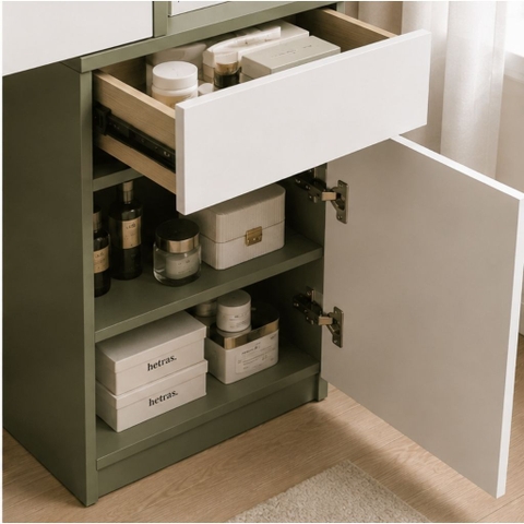 Bàn Trang Điểm Chân Gỗ Có Gương Và Ngăn Kéo Hiện Đại Màu Xanh 104x44x130cm Yapi-XBP002