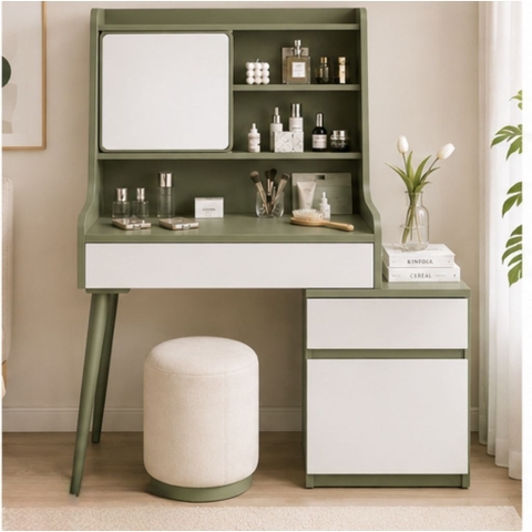 Bàn Trang Điểm Chân Gỗ Có Gương Và Ngăn Kéo Hiện Đại Màu Xanh 104x44x130cm Yapi-XBP002
