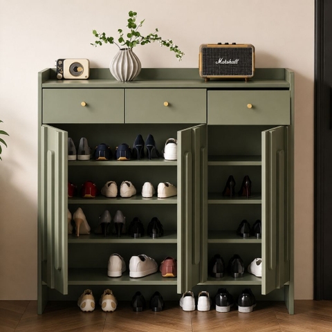 Tủ Giày Cánh Sọc Gỗ Hiện Đại Có Ngăn Kéo Màu Xanh Lá 120x38x110cm Yapi-XTG005
