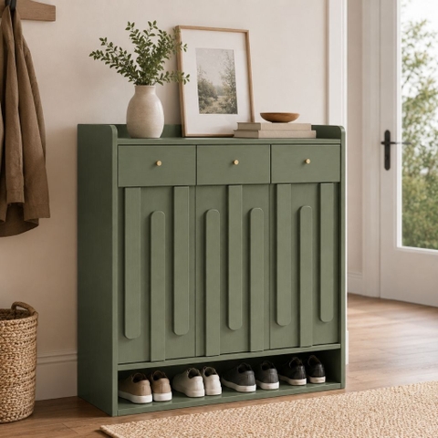 Tủ Giày Cánh Sọc Gỗ Hiện Đại Có Ngăn Kéo Màu Xanh Lá 120x38x110cm Yapi-XTG005