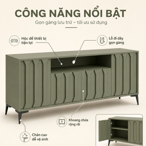 Kệ Tivi Cánh Sọc Nổi Nhiều Ngăn Lưu Trữ Màu Xanh Lá 180x40x70cm Yapi-XTV001