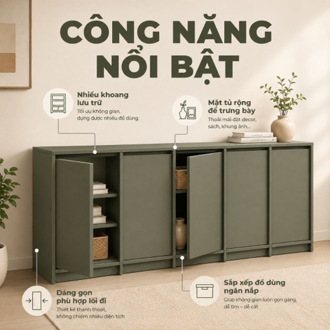 Tủ Trang Trí Hiện Đại Thiết Kế Tối Giản Màu Xanh Lá Cho Phòng Khách 180x35x90cm Yapi-XTD002