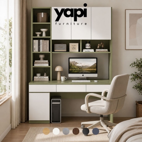 Bàn Học Bàn Làm Việc Kèm Giá Sách Cao Cấp Màu Xanh Lá 160x55x200cm Yapi-XBH003