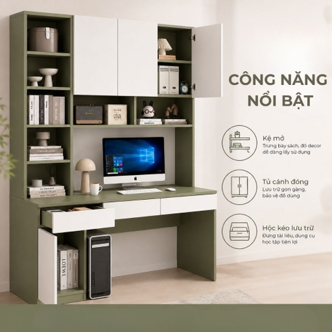 Bàn Học Bàn Làm Việc Kèm Giá Sách Cao Cấp Màu Xanh Lá 160x55x200cm Yapi-XBH003