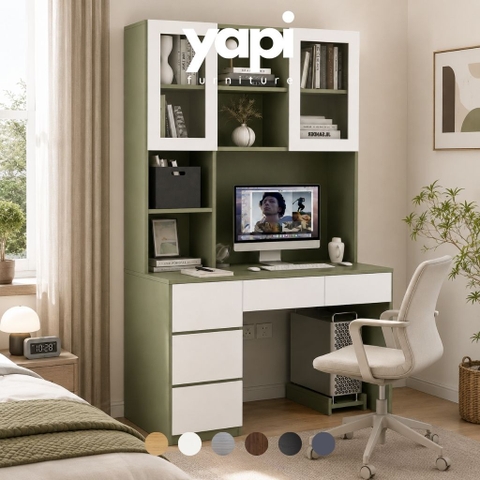 Bàn Làm Việc Kèm Kệ Sách Cánh Kính Và Ngăn Kéo Màu Xanh Lá 120x55x200cm Yapi-XBH005