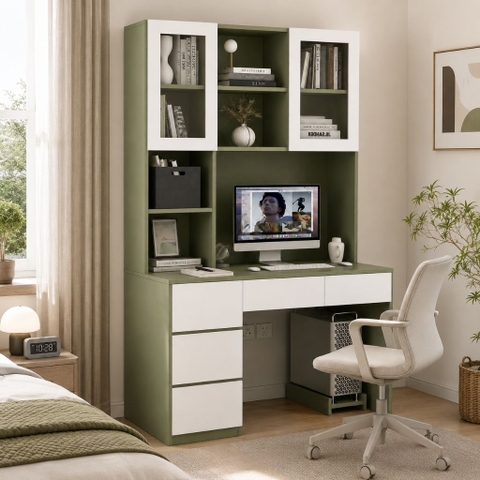 Bàn Làm Việc Kèm Kệ Sách Cánh Kính Và Ngăn Kéo Màu Xanh Lá 120x55x200cm Yapi-XBH005