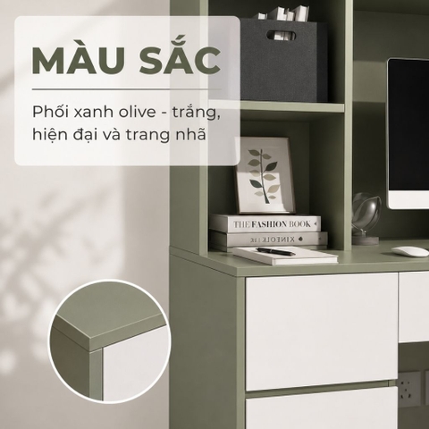 Bàn Làm Việc Kèm Kệ Sách Cánh Kính Và Ngăn Kéo Màu Xanh Lá 120x55x200cm Yapi-XBH005
