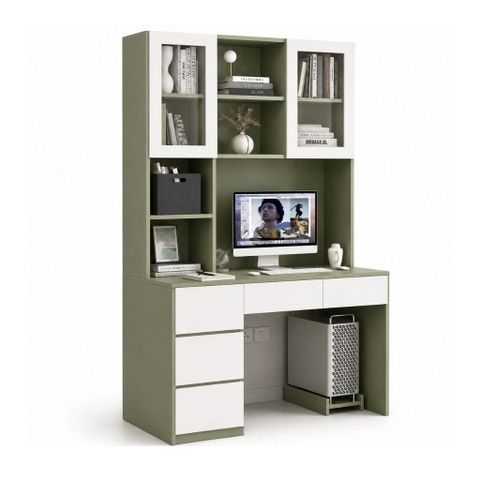 Bàn Làm Việc Kèm Kệ Sách Cánh Kính Và Ngăn Kéo Màu Xanh Lá 120x55x200cm Yapi-XBH005