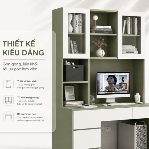 Bàn Làm Việc Kèm Kệ Sách Cánh Kính Và Ngăn Kéo Màu Xanh Lá 120x55x200cm Yapi-XBH005