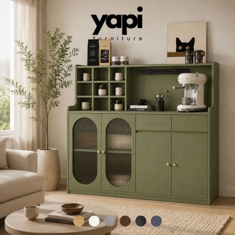 Tủ Bếp Đa Năng Có Ô Vuông Trang Trí Kèm Cánh Kính Màu Xanh Lá 120x40x140cm Yapi-XTB004
