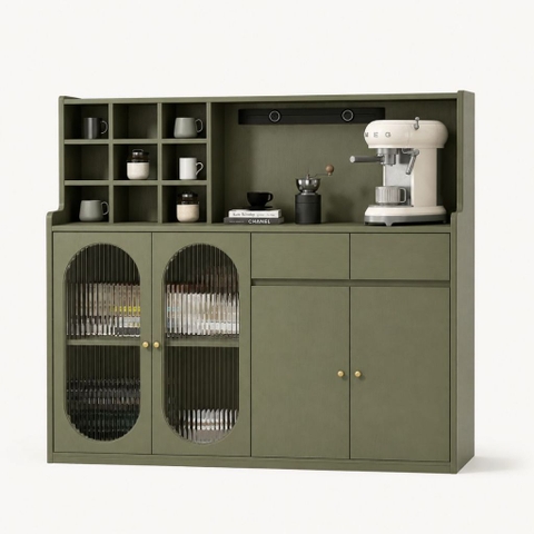 Tủ Bếp Đa Năng Có Ô Vuông Trang Trí Kèm Cánh Kính Màu Xanh Lá 120x40x140cm Yapi-XTB004
