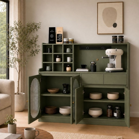 Tủ Bếp Đa Năng Có Ô Vuông Trang Trí Kèm Cánh Kính Màu Xanh Lá 120x40x140cm Yapi-XTB004