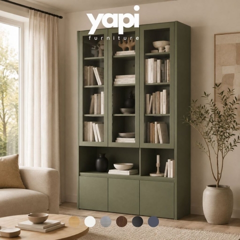 Tủ Sách Cánh Kính Kết Hợp Kệ Trang Trí Và Ngăn Tủ Lưu Trữ, Màu Xanh Lá 120x35x230cm Yapi-XKS003