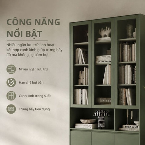 Tủ Sách Cánh Kính Kết Hợp Kệ Trang Trí Và Ngăn Tủ Lưu Trữ, Màu Xanh Lá 120x35x230cm Yapi-XKS003