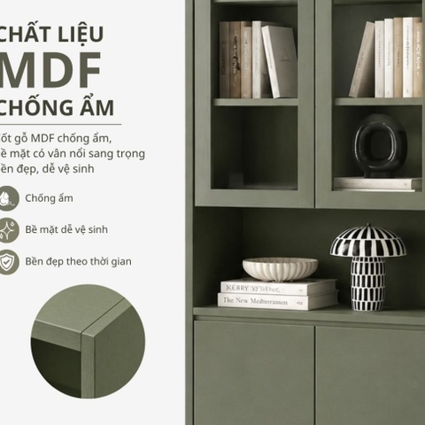 Tủ Sách Cánh Kính Kết Hợp Kệ Trang Trí Và Ngăn Tủ Lưu Trữ, Màu Xanh Lá 120x35x230cm Yapi-XKS003