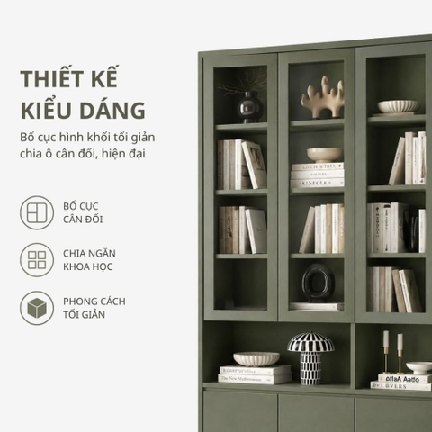 Tủ Sách Cánh Kính Kết Hợp Kệ Trang Trí Và Ngăn Tủ Lưu Trữ, Màu Xanh Lá 120x35x230cm Yapi-XKS003