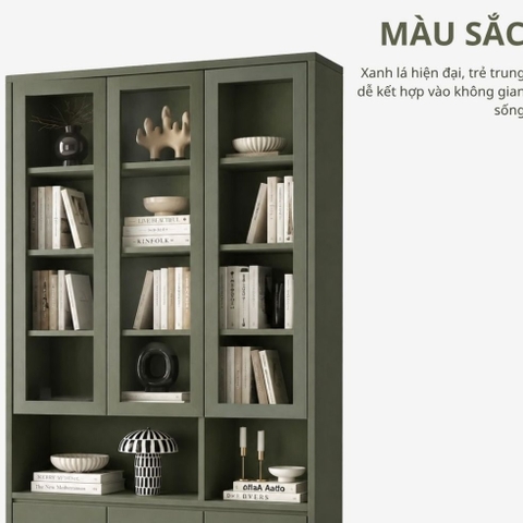 Tủ Sách Cánh Kính Kết Hợp Kệ Trang Trí Và Ngăn Tủ Lưu Trữ, Màu Xanh Lá 120x35x230cm Yapi-XKS003